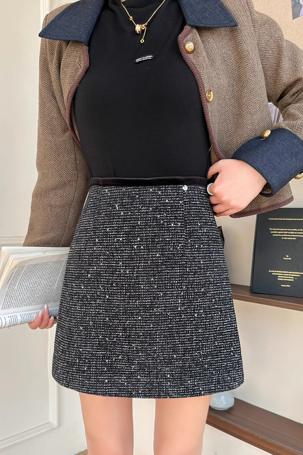 冬上新颜色轻奢气质小香风闪闪亮片高腰A字半裙半身裙