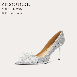 浅口水钻蝴蝶结尖头羊皮细跟鞋 708 女单鞋 2025年新娘婚鞋 B22新款