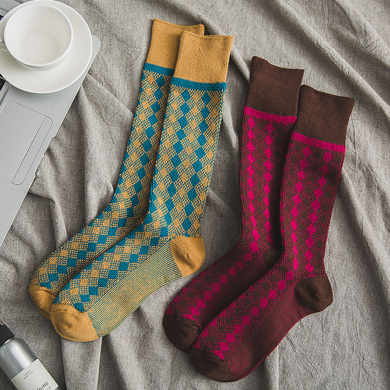 秋冬菱形格小腿袜子高筒袜复古民族风及膝保暖姜黄针织棉袜可爱