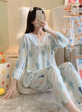 夏天绵绸睡衣女士长袖薄款棉绸套装韩版人造棉宽松家居服春秋天
