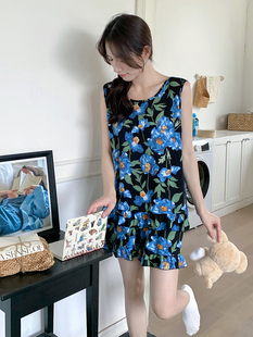 女夏天吊带薄款 夏季 两件套装 无袖 人造棉家居服 背心棉绸睡衣短袖
