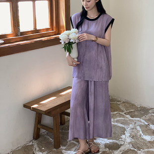 紫色自带凉感可外穿家居棉绸睡衣女新中式国风套装夏季背心七分裤
