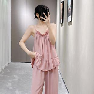 网红 2025新款 吊带长裤 棉绸睡衣女宿舍女生可爱家居服套装 爆款