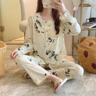 春秋夏季长袖长裤超薄款棉绸睡衣女月子服空调服套装绵绸人造棉