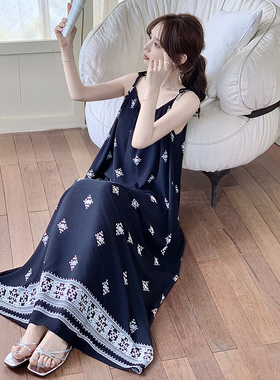 2025新款显瘦度假长裙加长到脚踝自带胸垫棉绸连衣裙超长款度假裙