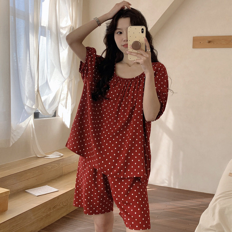春夏季少女棉绸睡衣短袖短裤一字领人造棉家居服露肩清新睡衣套装