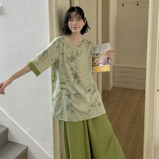 可外穿的睡衣女短袖阔腿裤国风新中式睡衣家居服套装古风凉快