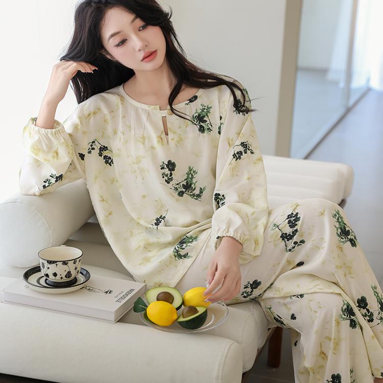 春秋夏季长袖长裤睡衣女棉绸新中式国风套装家居服人造棉绵绸