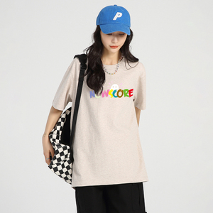 NOWSCORE 小恶魔复古彩色字母logo印花圆领落肩宽松T恤男女同款