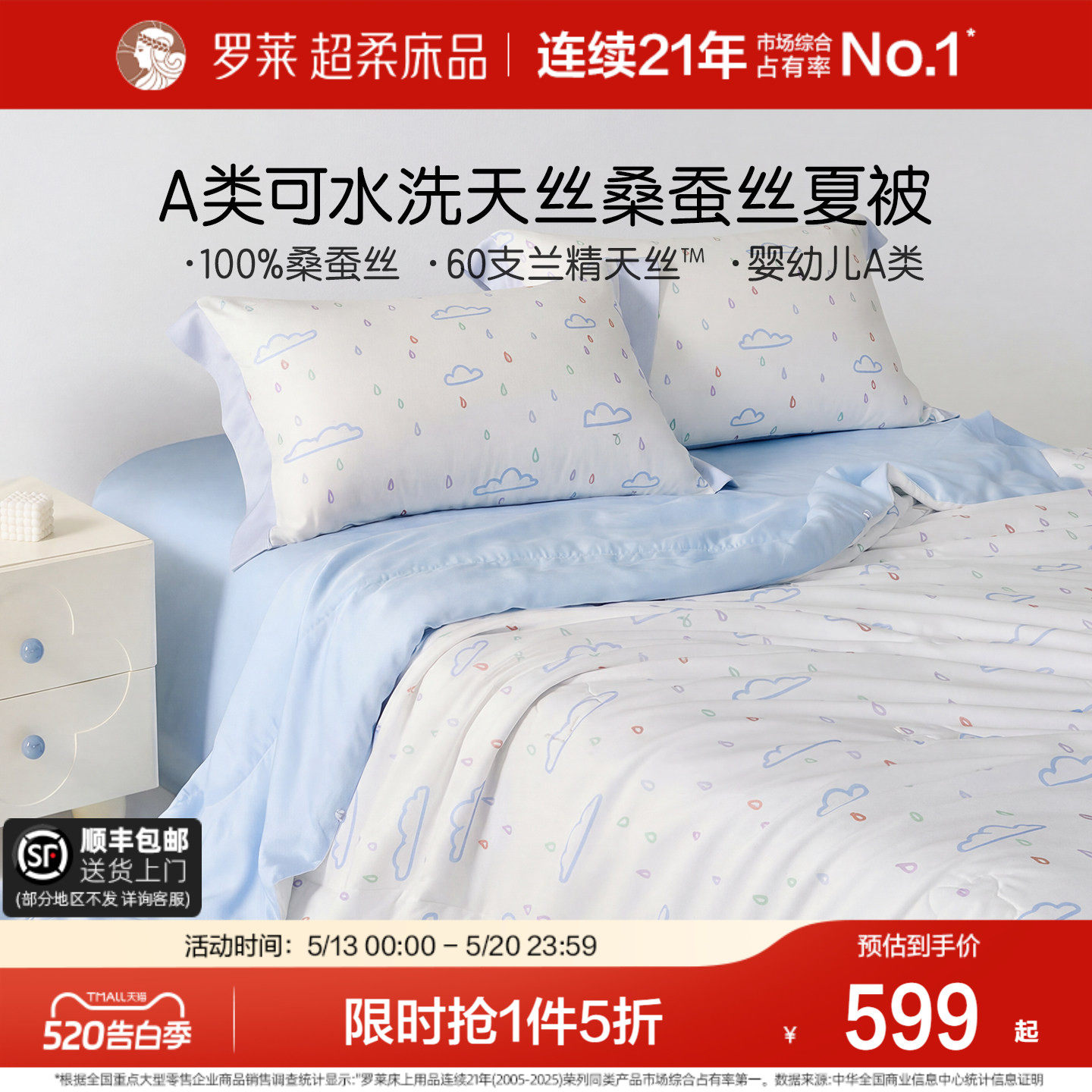 罗莱家纺儿童新品100桑蚕丝夏被60支兰精天丝可机洗夏凉空调被芯