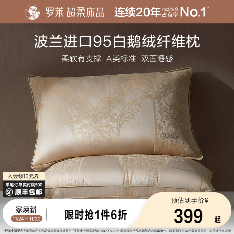 罗莱家纺枕头枕芯学生宿舍波兰进口95白鹅绒纤维枕单只装