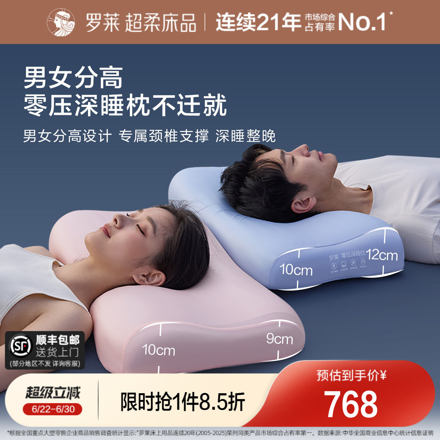 罗莱零压深睡枕记忆棉枕头护颈椎辅睡眠枕芯双人情侣款男女对枕