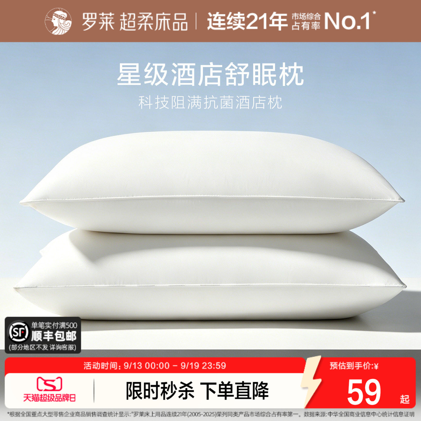 罗莱家纺枕头枕芯单人学生宿舍蓬松易回弹阻螨抗菌酒店舒弹枕