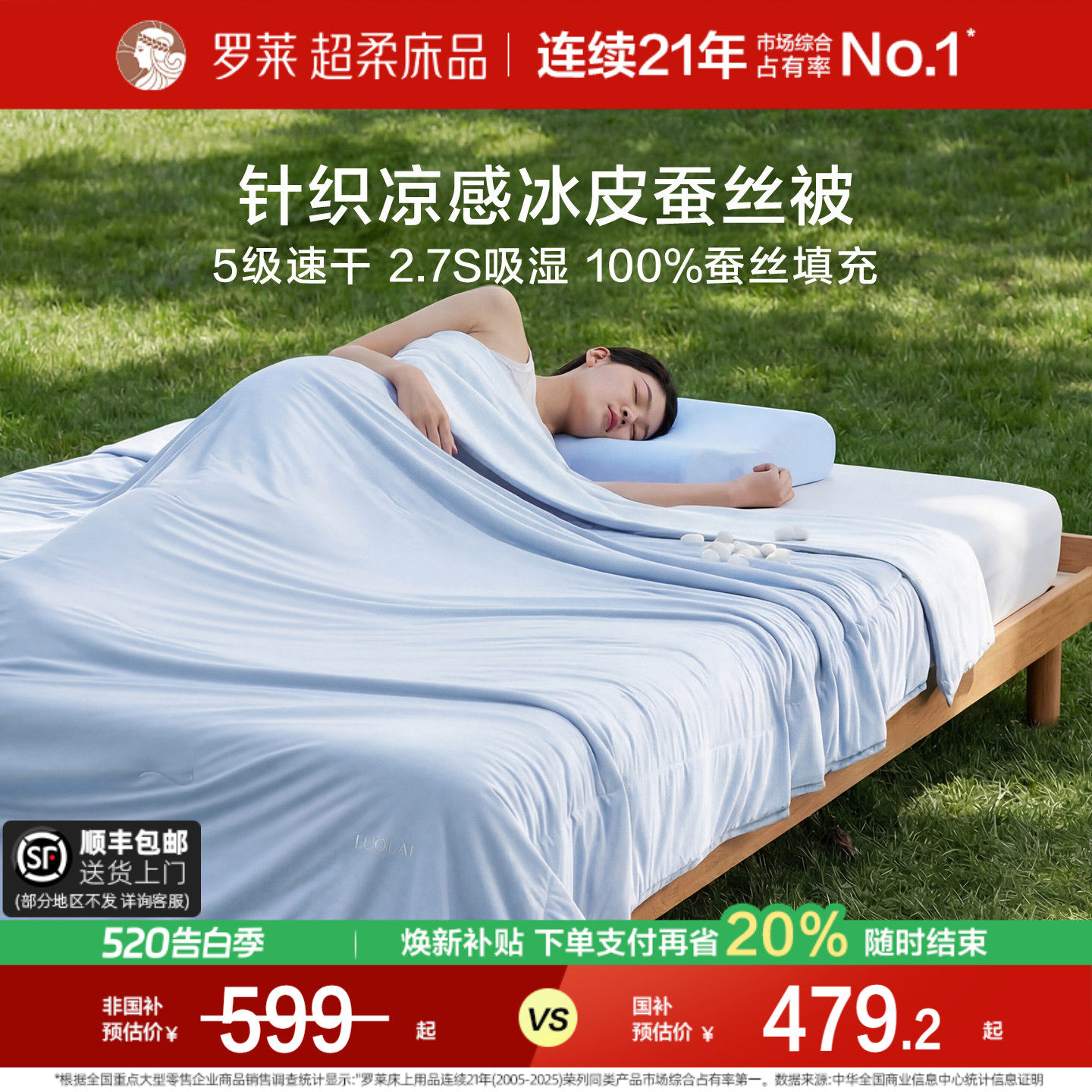 罗莱家纺冰皮蚕丝被夏凉被可水洗凉感夏被A类抗菌速干空调被新品