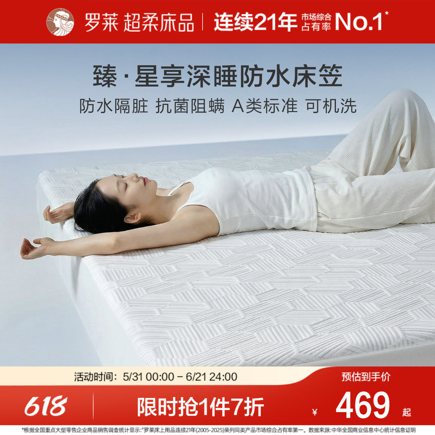 罗莱家纺26新款可机洗防水隔尿床笠A类席梦思床垫保护罩床护垫罩