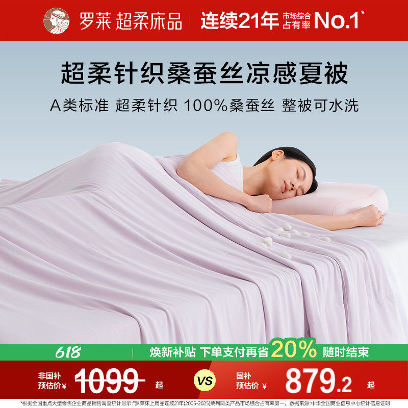 罗莱家纺26新品100桑蚕丝被子A类抗菌凉感针织可机洗夏凉空调被