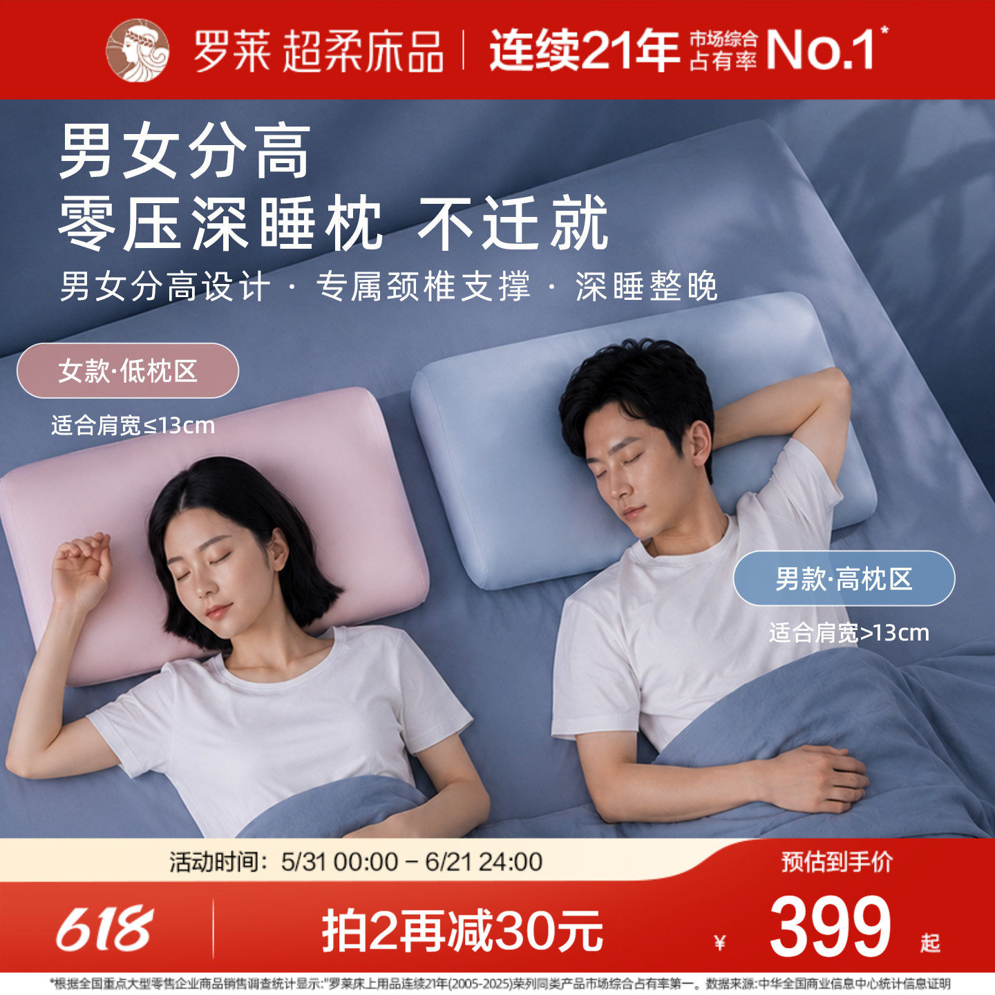 罗莱零压深睡枕芯记忆棉枕头护颈椎助睡眠专用成人男女学生护颈枕