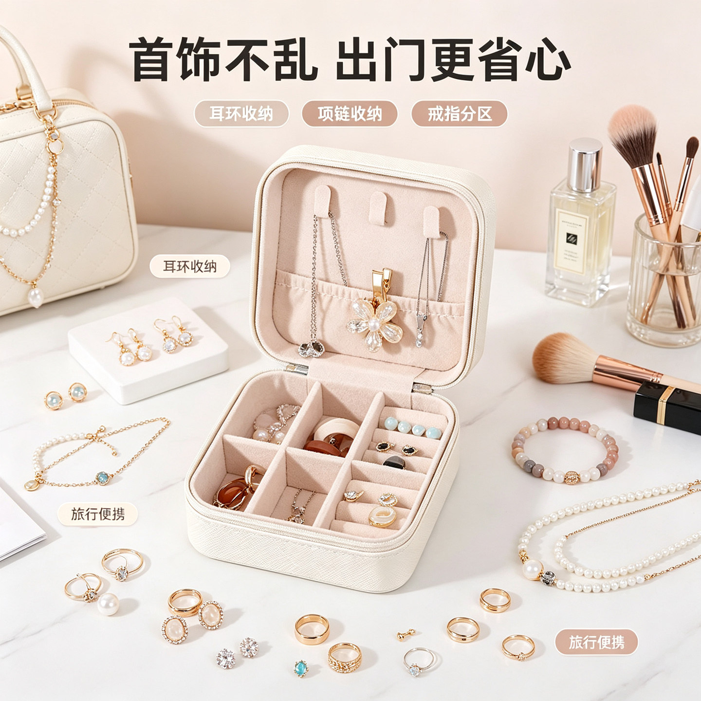 马卡龙色拉链首饰收纳盒分格
