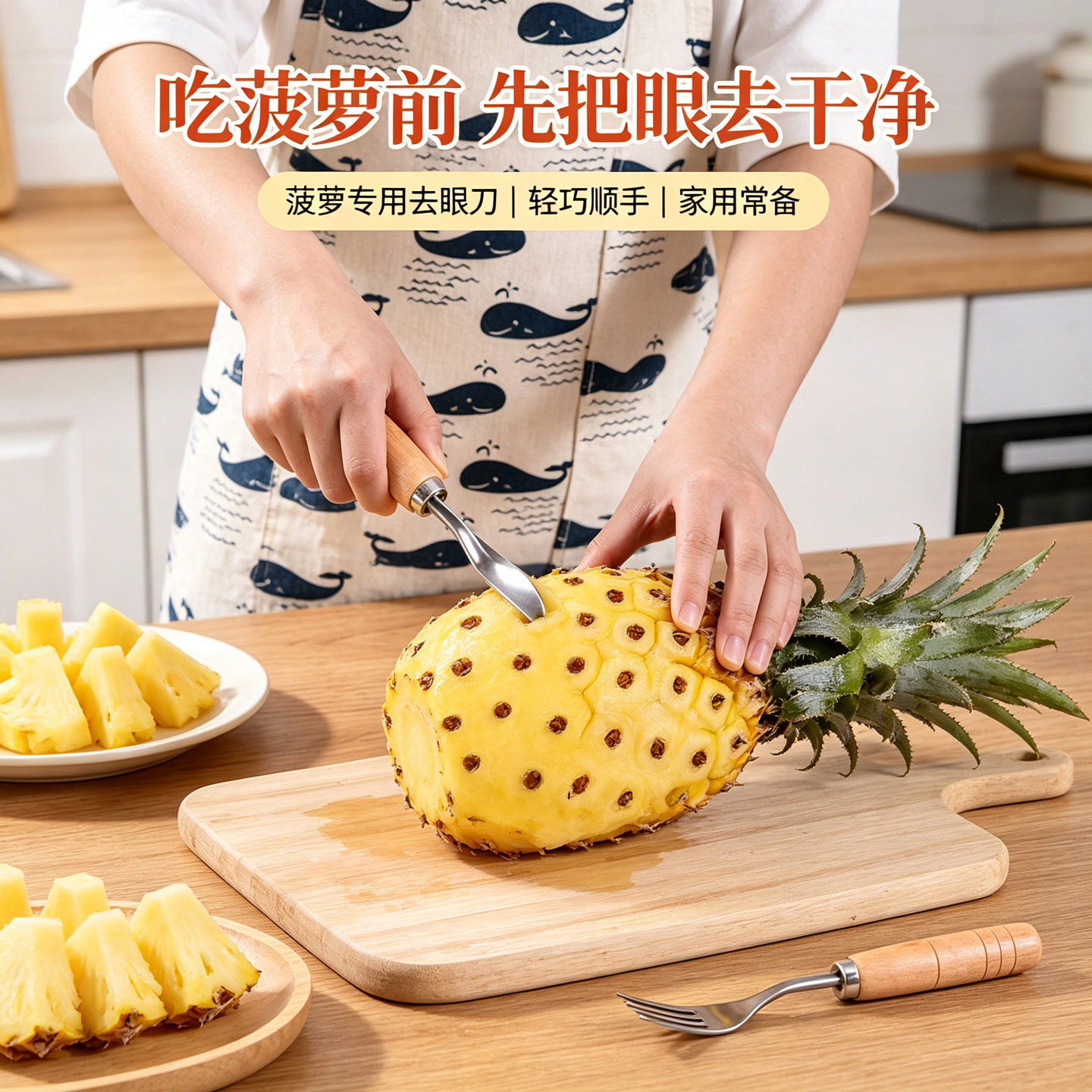 菠萝去眼刀V型挖眼器不锈钢实木柄削菠萝器家用水果去籽削皮工具