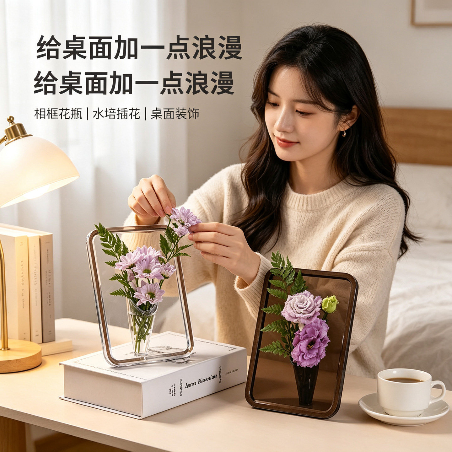 ins北欧风艺术相框亚克力花瓶摆件卧室仿真花餐桌摆设可水养摆件