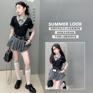 偶搭熊学院风假两件POLO衫女童夏黑色翻领短袖上衣模特T台走秀服