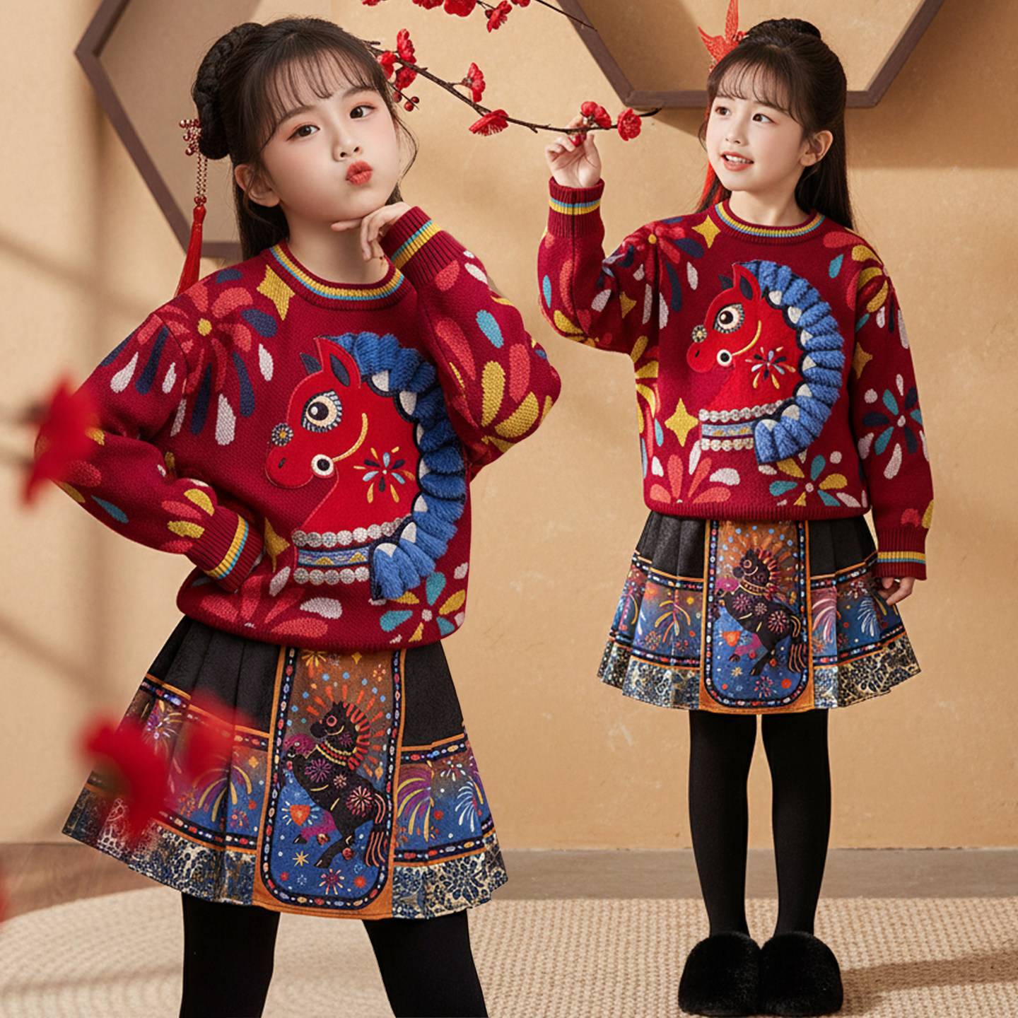 女童新年装马面裙加绒走秀服