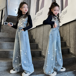 新款女童亮片爵士上衣2026春装贴钻牛仔长裤时尚走秀服修身时尚装