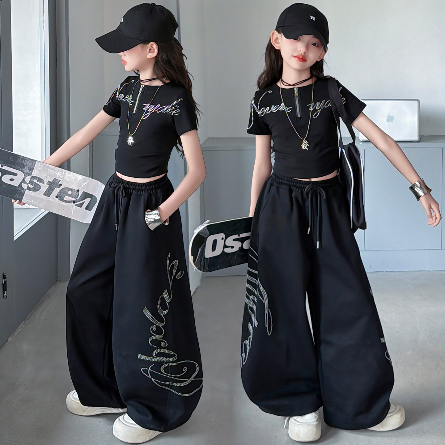 网红女童黑色短袖拉链衫束脚街舞运动夏装少儿韩范爵士舞练功服