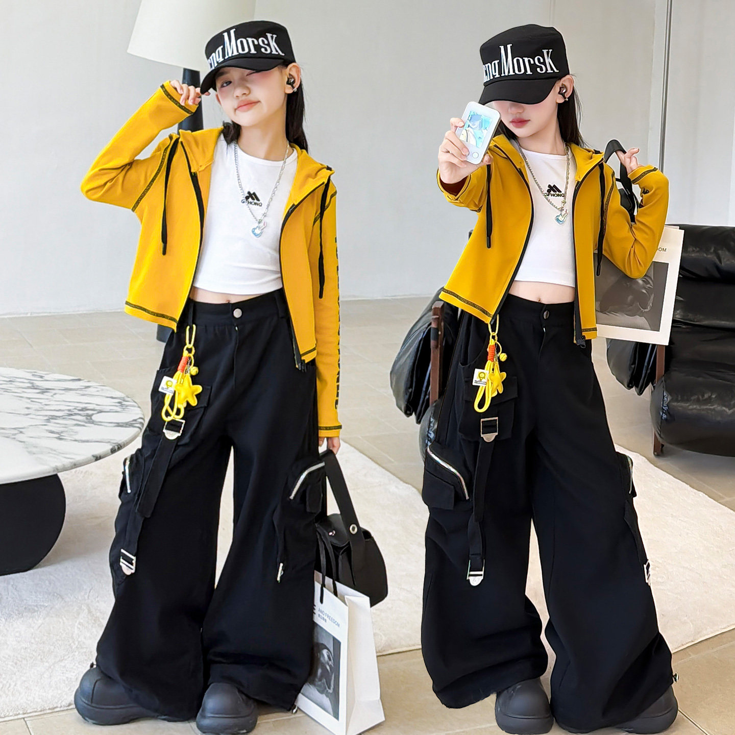 女童黄色小短外套连帽爵士舞春装2026新款巨好看露脐装工装裤走秀,童装/婴儿装/亲子装,儿童演出服,淘宝优惠券,粉丝福利购,淘宝优惠卷