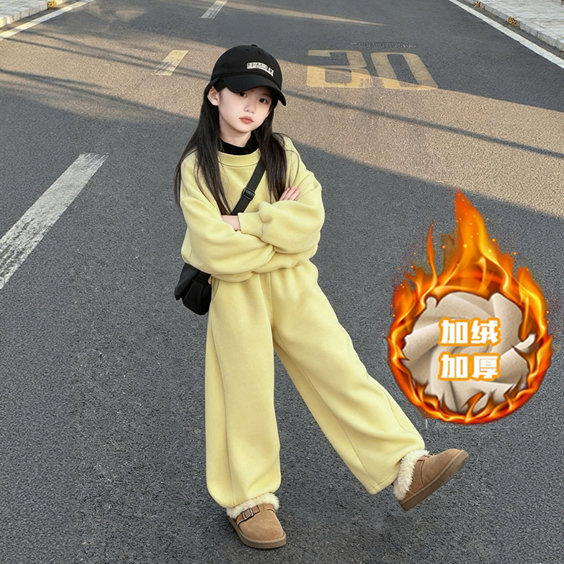 童装女童黄色卫衣套装大童又酷又飒大儿童套装休闲运动街拍走秀服