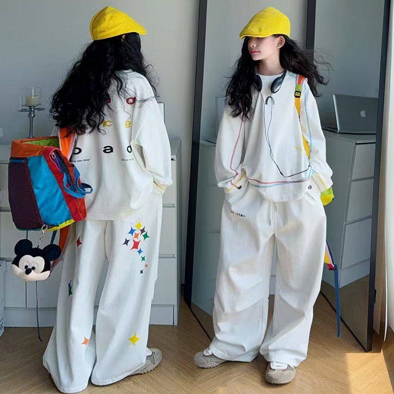 网红女童白色嘻哈爵士舞练功服女孩五彩时尚设计感模特拍照走秀服