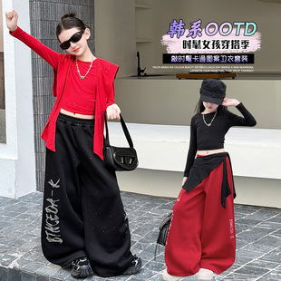童装女童假两件显瘦爵士舞潮服时尚炸街烫钻工装裤接头潮牌走秀服