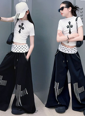 酷飒烫钻十字架铆钉黑阔腿裤女童爵士服白色短袖显瘦儿童走秀时尚
