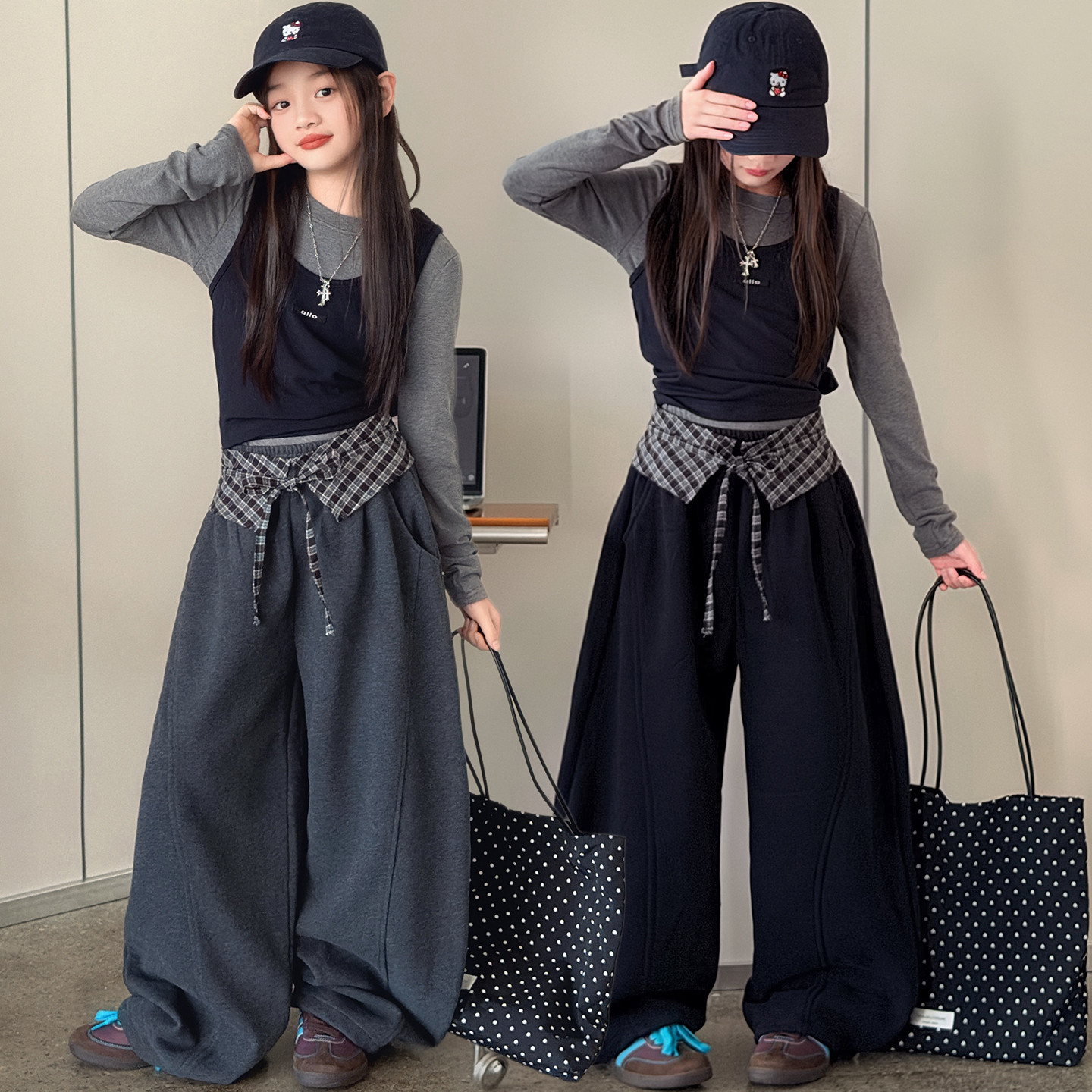 美式假两件设计感女童休闲爵士舞秋装2026新款宽松显瘦阔腿走秀服