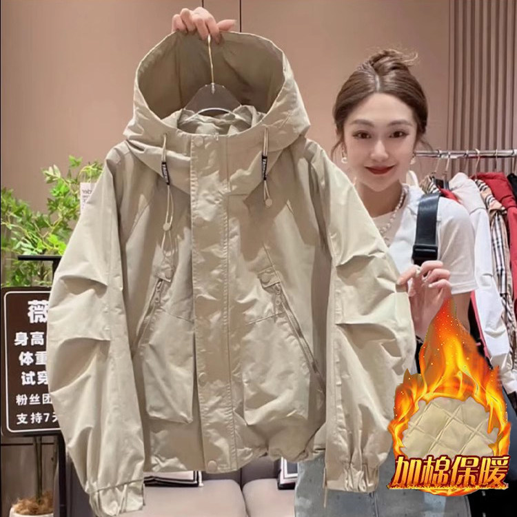 欧货加棉加厚短款冲锋衣外套女秋冬夹棉连帽休闲防风防水二棉夹克