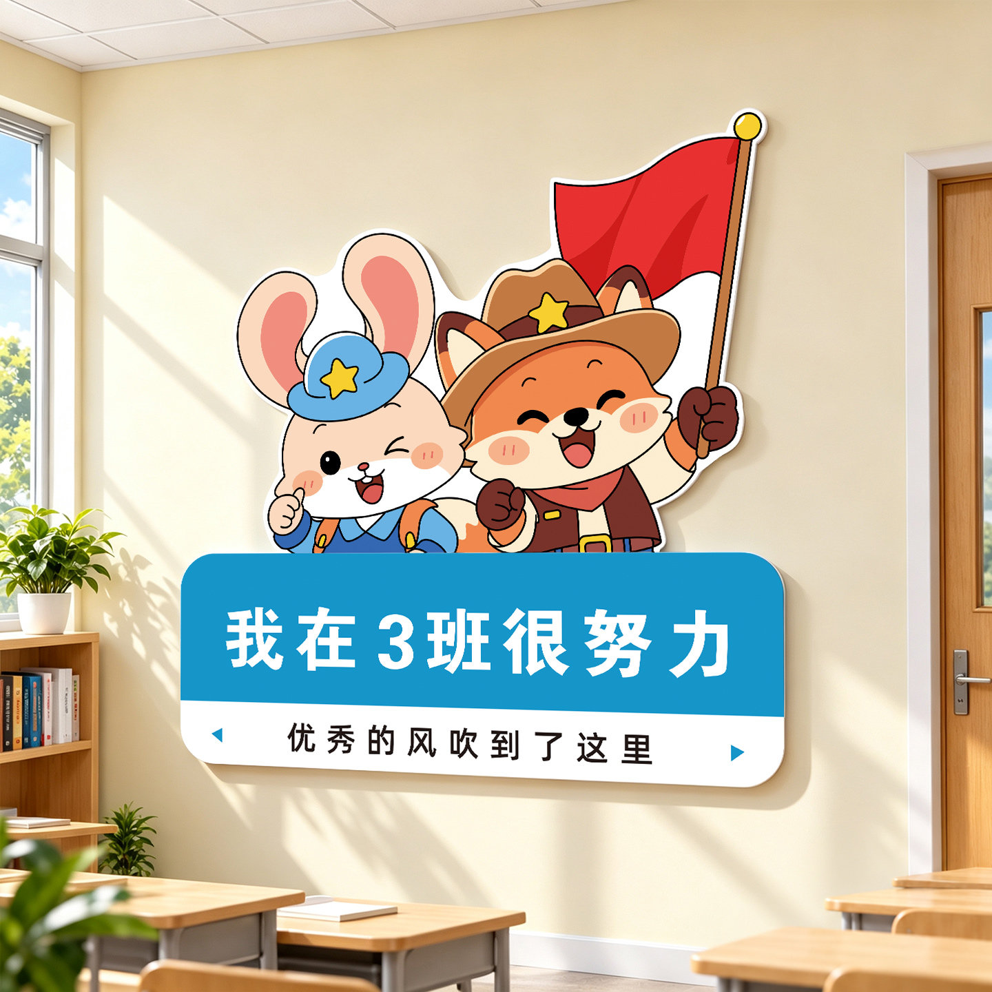 我在三班很努力班级文化墙贴幼小初教室背景墙贴纸路牌布置磁吸贴