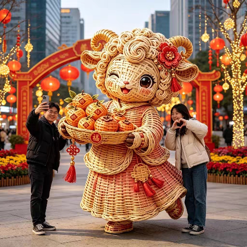 藤艺摆件定做编织生肖羊雕塑羊年美陈户外大型网红打卡新春景观