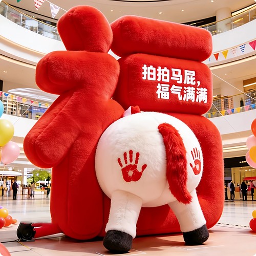 充气马年福气模毛绒定制互动打卡装置商场景区装饰元旦新年拍马屁