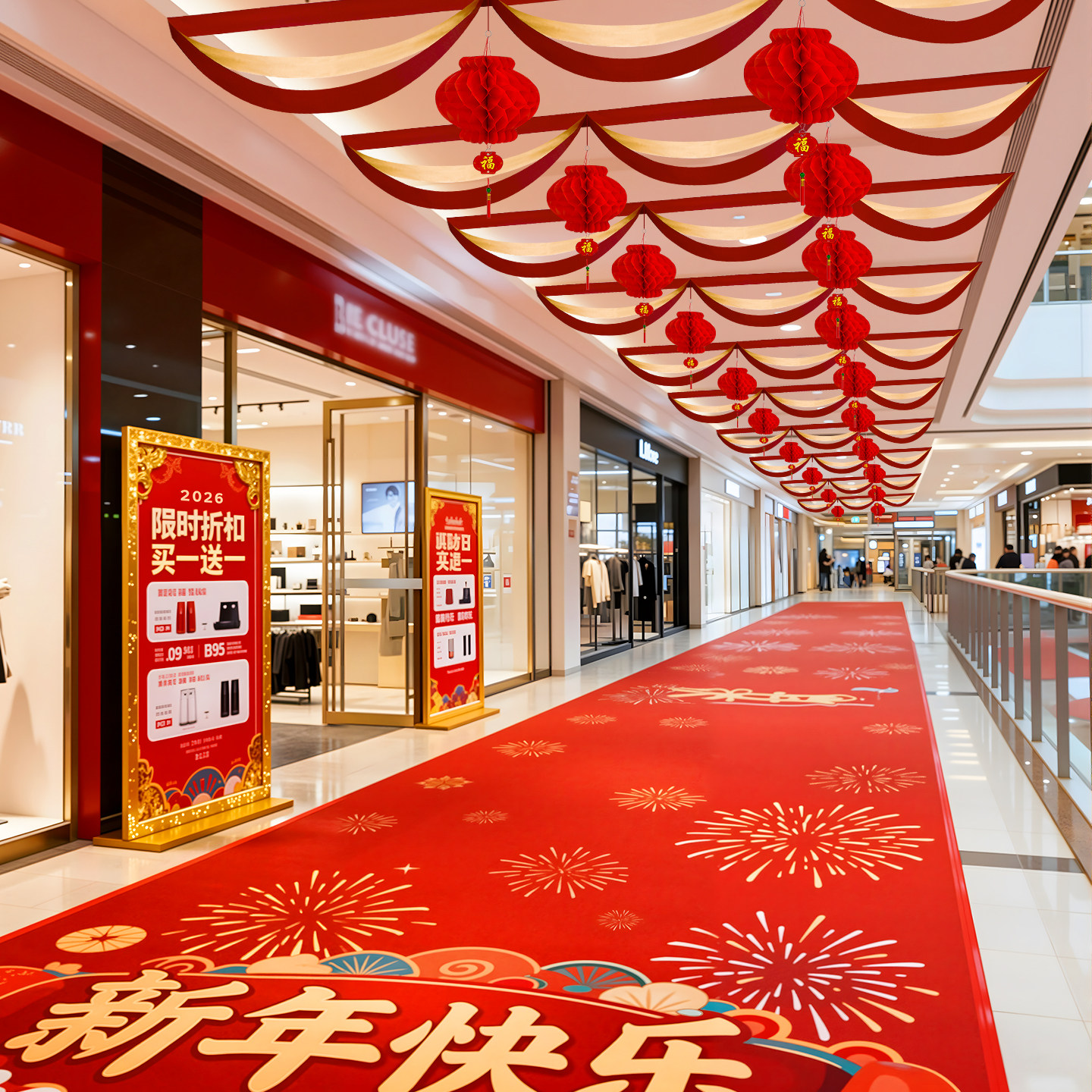 过年氛围布置店庆装饰彩带拉花彩条彩旗新年春节超市店铺吊顶装饰