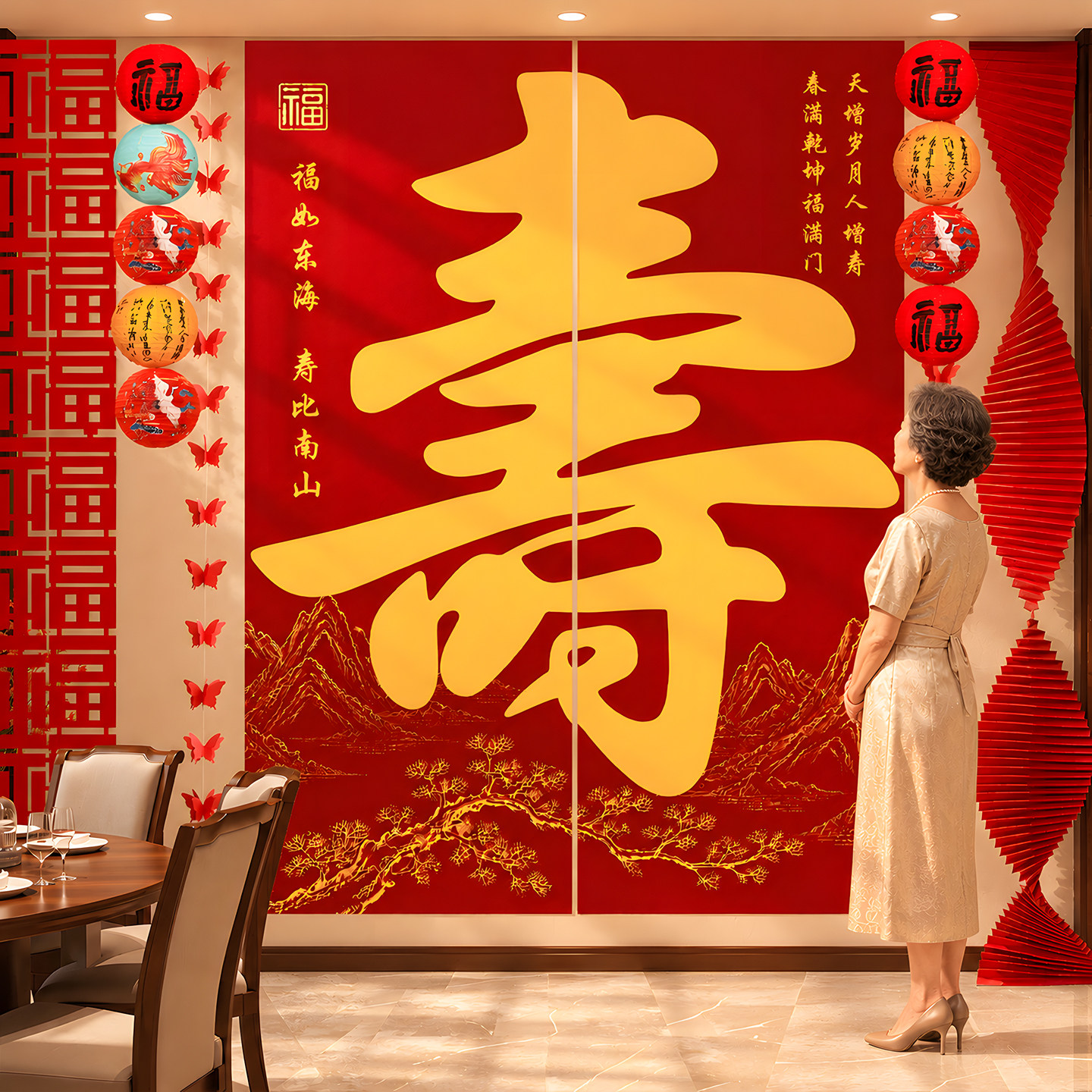 老人大寿宴会场景布置气球装饰八十祝寿条幅挂布60岁爸妈农村背景