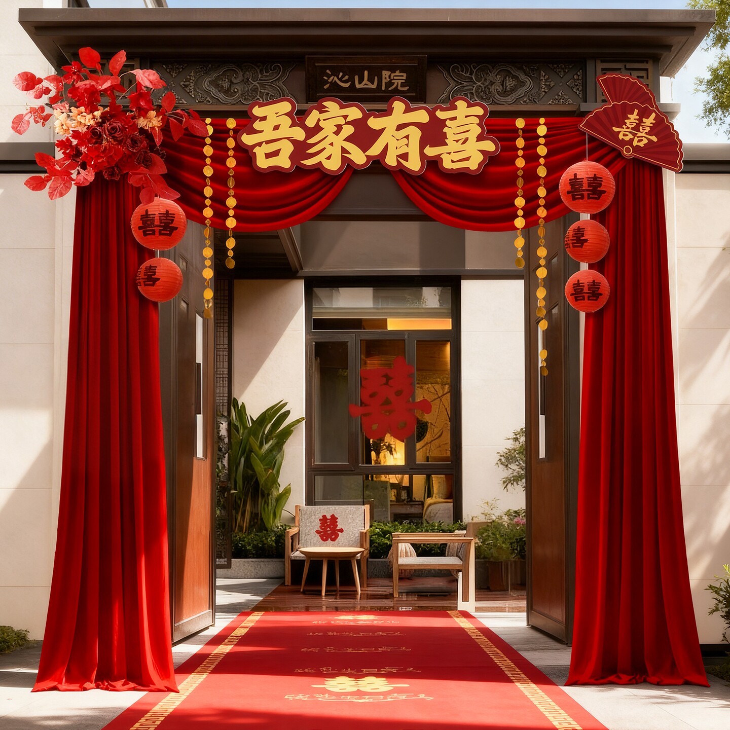 结婚农村布幔拱门婚礼布置自建房庭院子大门口单元门装饰场景套装