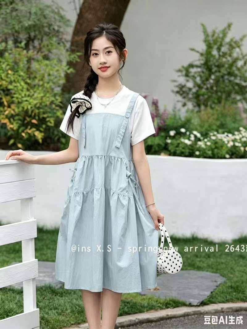 坨坨潮童馆2026年夏款品牌女童大童韩版纯棉假两件套连衣裙2643