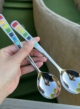 VOGUE ELLA 18-10不锈钢七彩珐琅圆头勺子彩虹柄西餐汤勺高档调羹