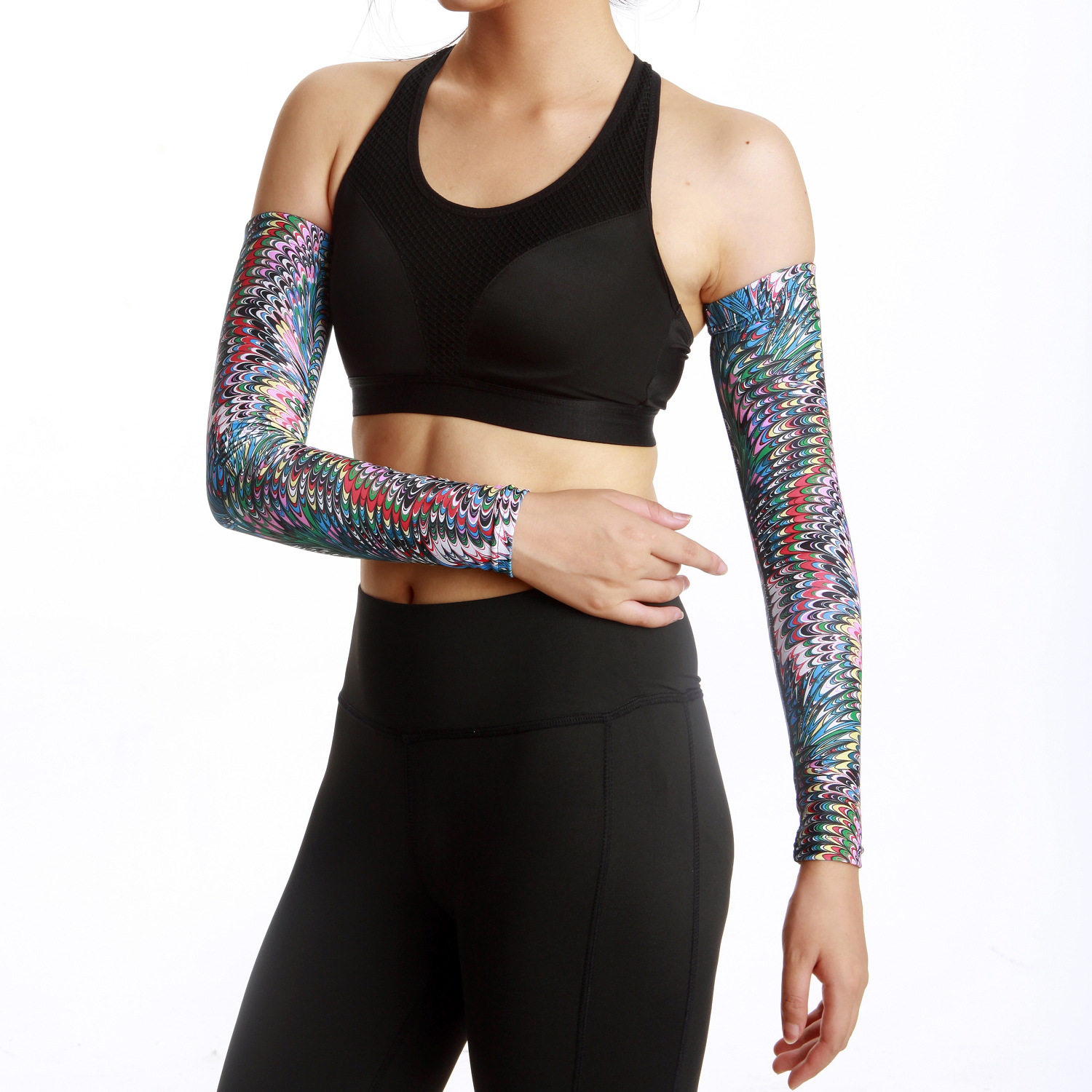 户外防晒冰袖 孔雀纹运动冰丝凉爽袖套 骑行纹身护臂护肘套袖