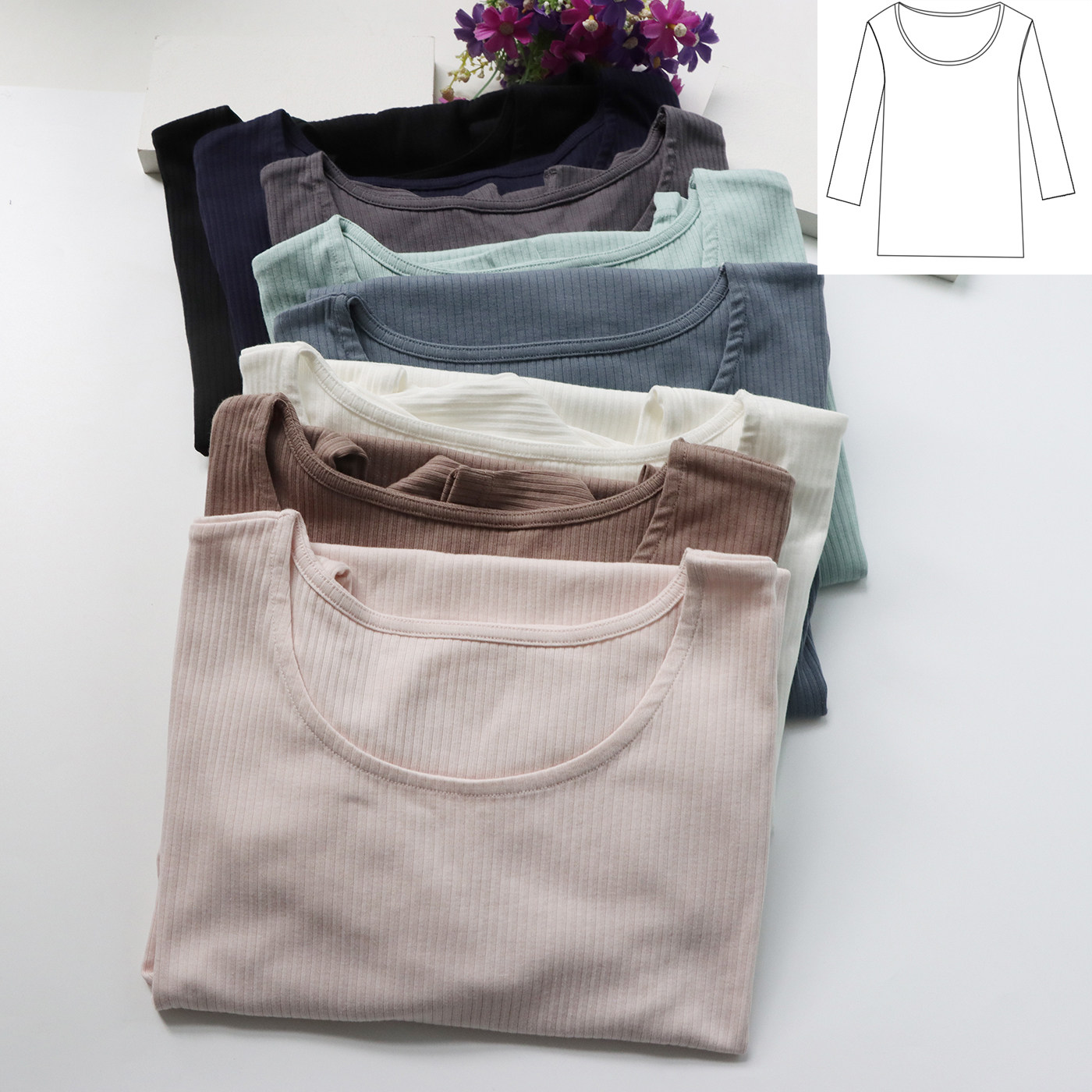 出口日单外贸原单圆领七分袖长袖女打底衫纯棉修身显瘦内搭上衣