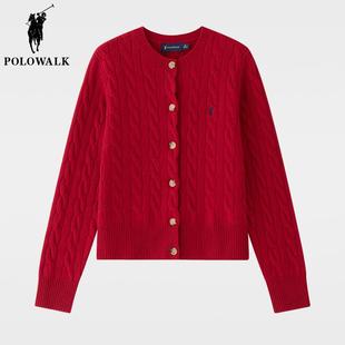 POLOWALK女装 100%纯羊毛衫 2024秋冬老钱风过年外套 红色毛衣开衫