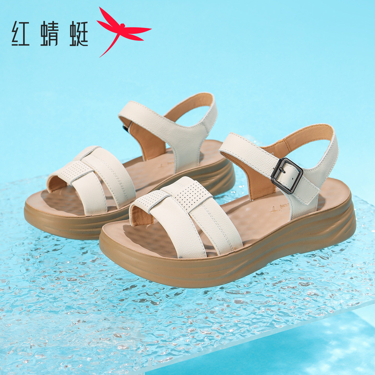 红蜻蜓凉鞋女中年妈妈鞋夏季新款外穿时尚百搭厚底一字带凉鞋女