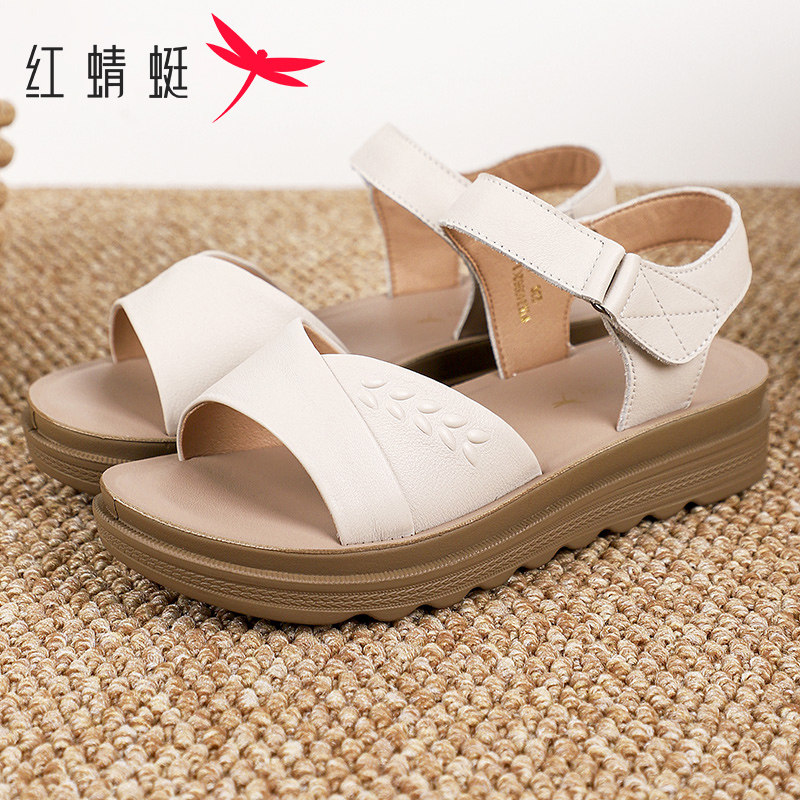 红蜻蜓女鞋夏季新款时尚舒适软底防滑休闲鞋魔术贴中老年妈妈凉鞋
