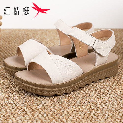 红蜻蜓女鞋夏季新款时尚舒适软底防滑休闲鞋魔术贴中老年妈妈凉鞋