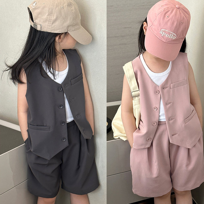 夏季女童礼服洋气马甲短裤套装韩版儿童休闲小西装女孩走秀潮服酷